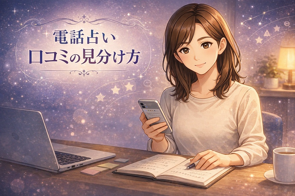 電話占いの口コミの見分け方を解説するためにスマホでレビューを確認しながら良い口コミと悪い口コミの信頼性を整理している早川かなえのイラスト