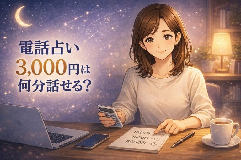 電話占い3000円は何分話せるかを予算別に整理しながら相談時間目安を解説する早川かなえのアニメ風イラスト