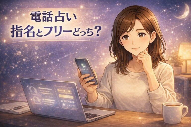 電話占いは指名とフリーどっちか迷いながら優先予約や待機時間を確認して初回で失敗しない選び方を考える早川かなえのアニメ風イラスト