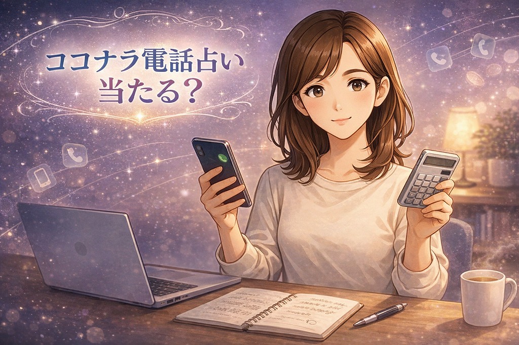 ココナラ電話占いの料金の仕組みを理解するためにアプリ通話と電話通話の違いと通話料20円の計算方法を整理している早川かなえのイラスト