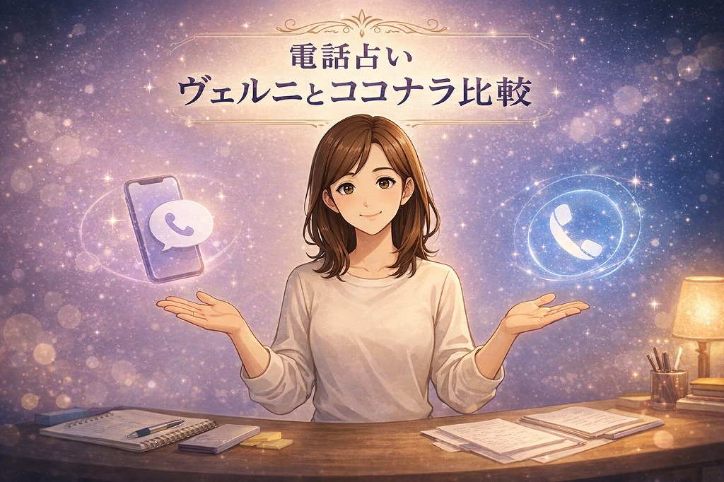 電話占いヴェルニとココナラ電話占いの違いを通話料無料と20円差の比較で整理し料金と初回特典で損しない選び方を解説する早川かなえのイラスト