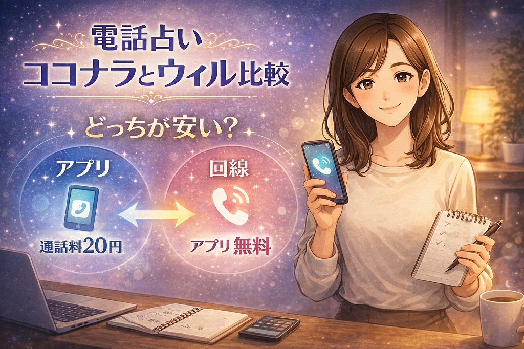 ココナラ電話占いと電話占いウィルの料金を通話料20円とアプリ無料の違いで総額比較し初回特典で損しない選び方を解説する早川かなえのイラスト