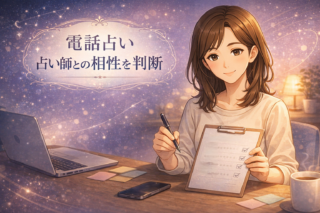 電話占いの初回で占い師との相性を判断する評価シートを使い相談後に採点しながら整理する早川かなえのイラスト