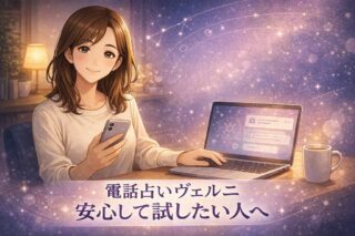 電話占いヴェルニを安心して試す方法を解説するためスマホとノートPCで電話占いの始め方や料金を確認している編集長・早川かなえのアニメ風イラスト
