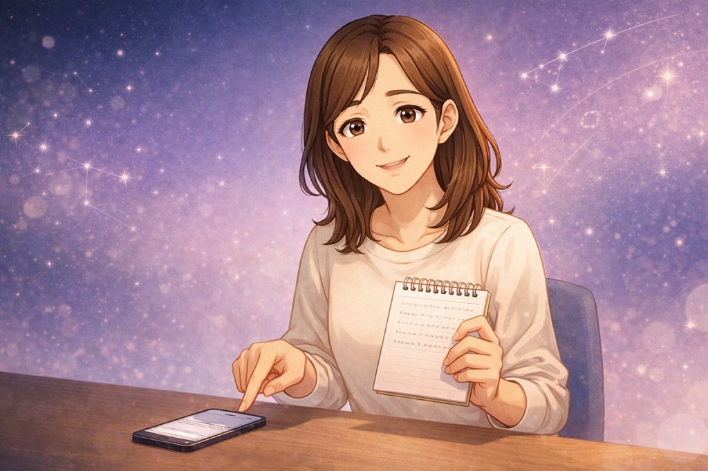 電話占いヴェルニを失敗せず始めるコツを解説するスマホとメモ帳を使った早川かなえのアニメ風イラスト