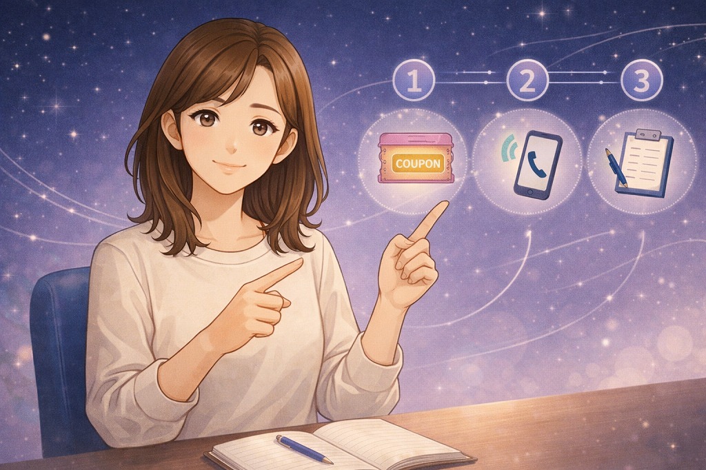 ココナラ電話占いのクーポンと通話方法を使った失敗しにくい始め方を解説する早川かなえのイラスト