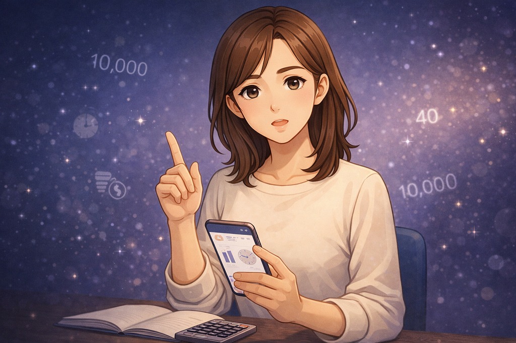 コナラ電話占いの料金を抑える方法として時間と通話方法の管理を説明する早川かなえのイラスト