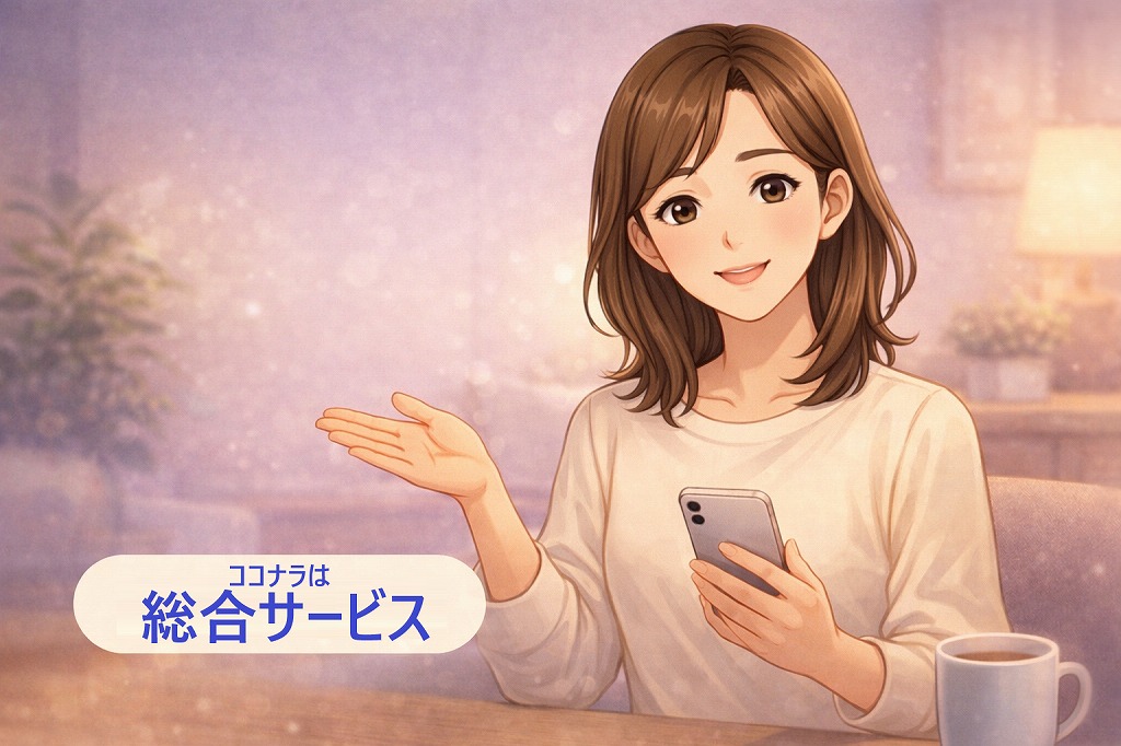 ココナラ電話占いが総合サービスで初心者でも安心して使いやすい理由を説明する早川かなえのイラスト