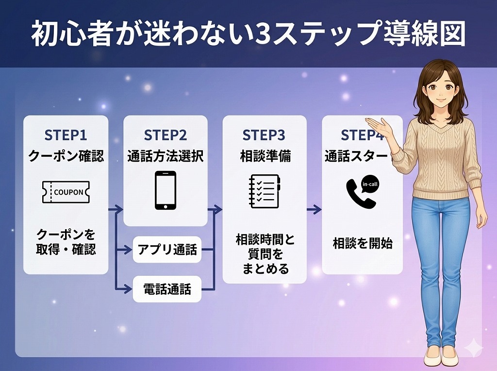 ココナラ電話占いの始め方を初心者向けに解説したクーポンと通話方法の手順図