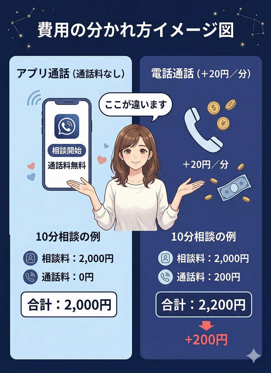 ココナラ電話占いの料金差をアプリ通話と電話通話で比較した費用イメージ図