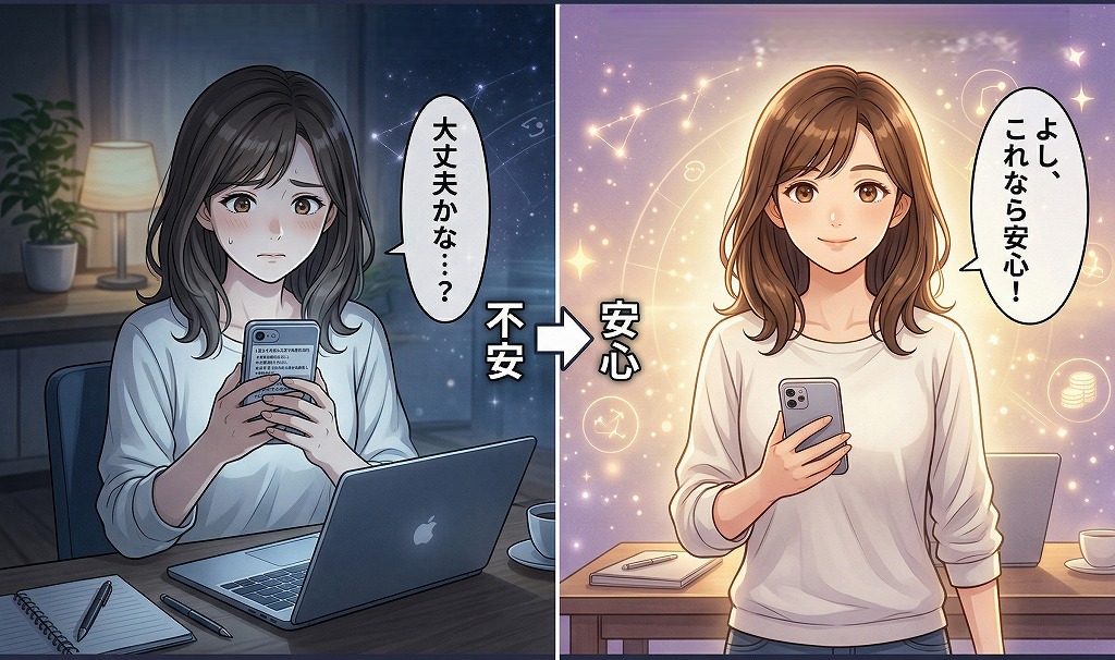 ココナラ電話占いを試す前の不安から安心して始める流れを表現した早川かなえのイラスト