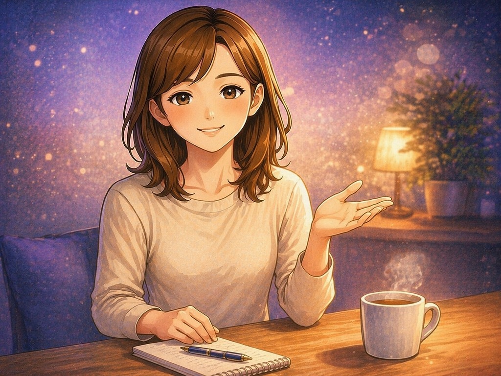 早川かなえがペンとノートを前に、電話占いの初回無料を安心して使うための止め時をやさしく案内しているイメージ