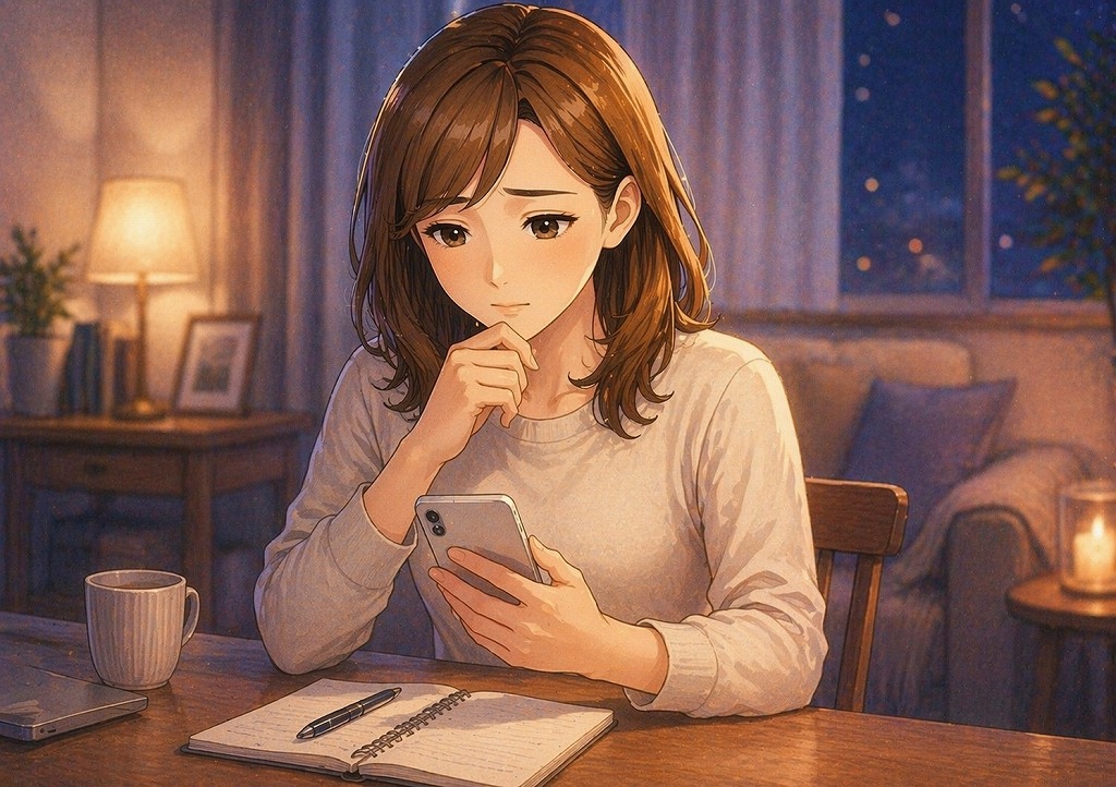 電話占いの初回無料後の課金タイミングが分からず、スマホを見ながら不安を感じている初心者女性のイメージ