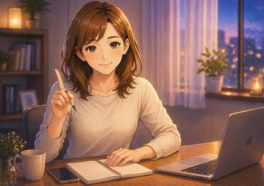 早川かなえがノートとスマホを前に、電話占いで課金されない止め時をやさしく整理して案内しているイメージ