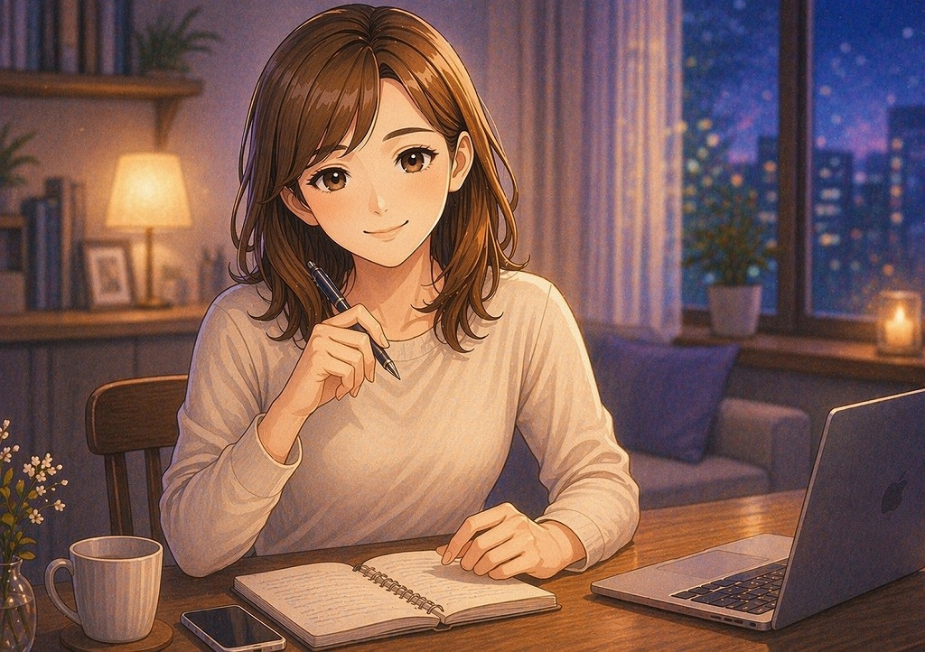 早川かなえがノートとスマホを前に、電話占いの延長をやわらかく断る言い方をやさしく案内しているイメージ