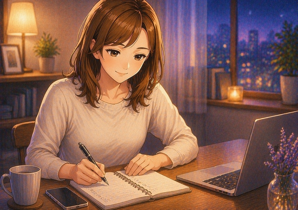 電話占いの前に、質問内容と終了ラインをノートにメモして通話準備を進める初心者女性のイメージ