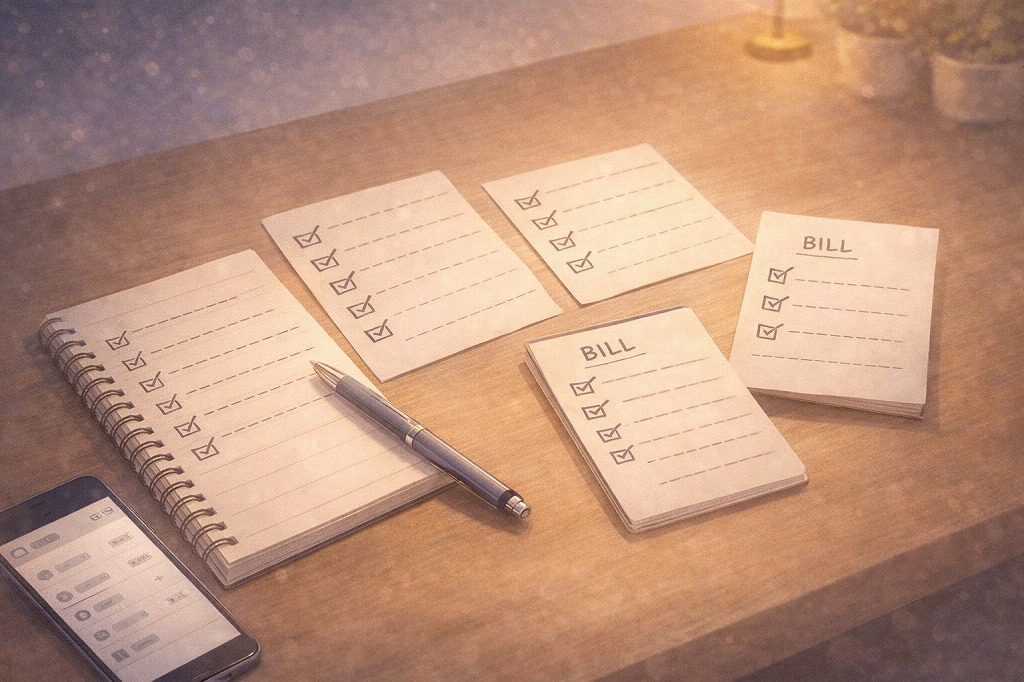 電話占いの請求内容を確認手順に沿って整理するためにノートとスマホで利用履歴と明細を見比べている机上イメージ
