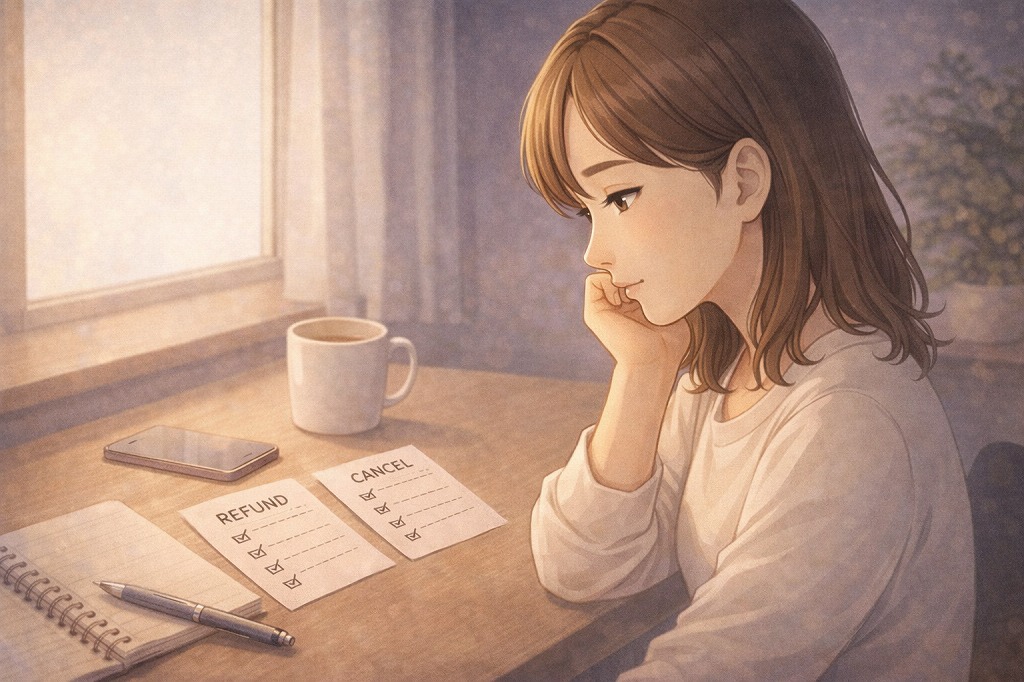電話占いの返金とキャンセルの違いを理解するために請求トラブルを落ち着いて整理しながら考える女性のイメージ
