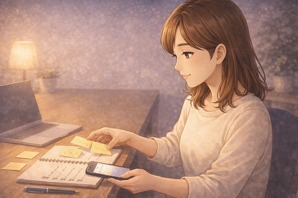 電話占いの請求トラブルで問い合わせ前に必要な情報を整理しながら確認内容をまとめる早川かなえの案内イラスト