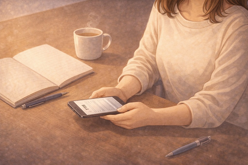 電話占いの請求がおかしいと感じたときに支払い前に一度立ち止まり明細や利用履歴を冷静に確認しようとする手元のイメージ