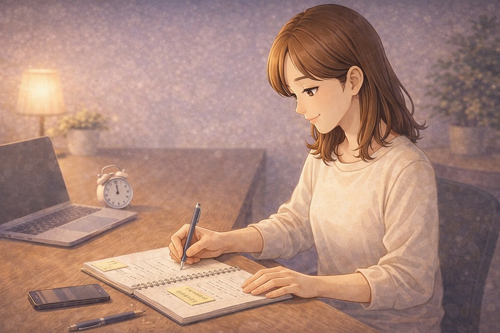 電話占いの請求トラブルを防ぐために質問メモや相談時間を事前に整理しながら準備を進める早川かなえのイラスト