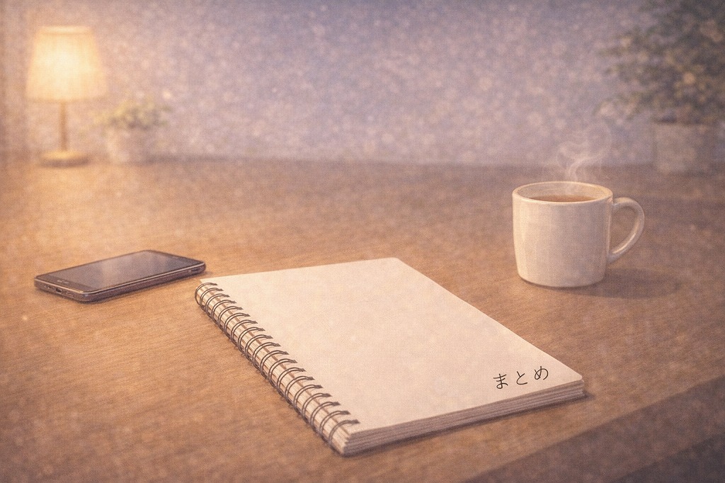 電話占いの請求確認を終えて不安がほどけノートを閉じて気持ちを整理したまとめ用の落ち着いた机上イメージ