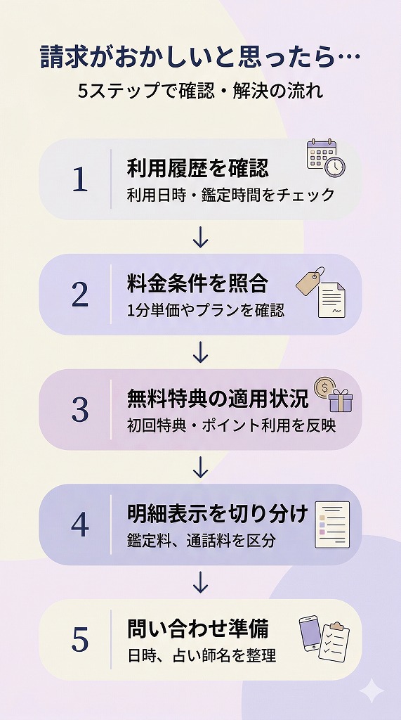 電話占いの請求がおかしいと感じたときに利用履歴確認から問い合わせ準備までの5段階を整理した確認手順のフロー図