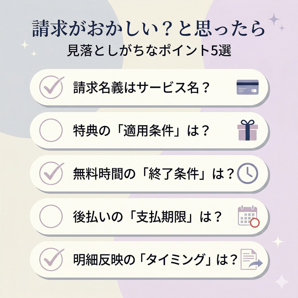 電話占いの請求トラブルで見落としやすい請求名義 無料特典条件 後払い期限のズレをセルフチェックできるチェックリスト図