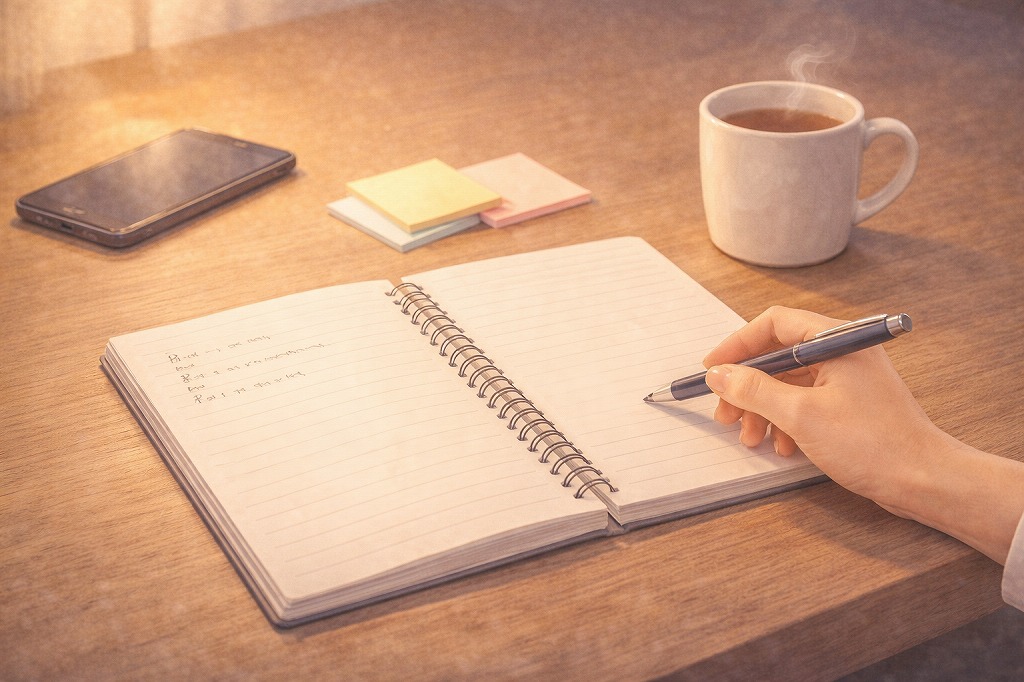 電話占いの相談前メモをノートに整理し始める手元とスマホを映した落ち着いたデスクのイメージ