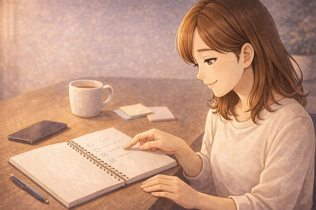 電話占いの相談前メモで書くことをノートを開いてやさしく案内する早川かなえのイメージ