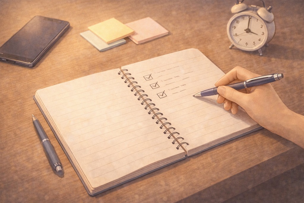 電話占いの相談前準備として必要項目をチェックリストで確認しながら整えている手元のイメージ