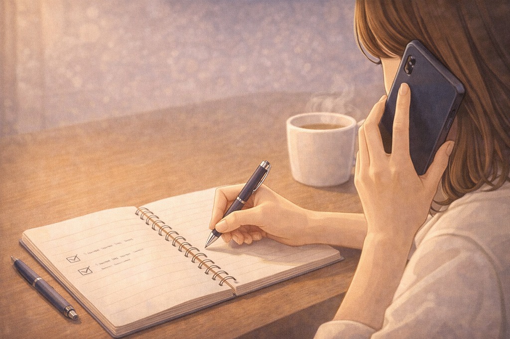 電話占いの鑑定中にスマホで通話しながら要点だけを落ち着いてメモしている手元のイメージ