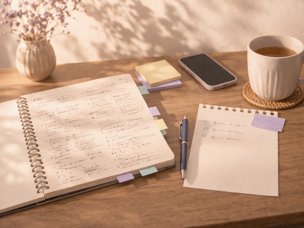 電話占いのメモを取りすぎた状態から大事な要点を絞り直して整理しているデスクのイメージ