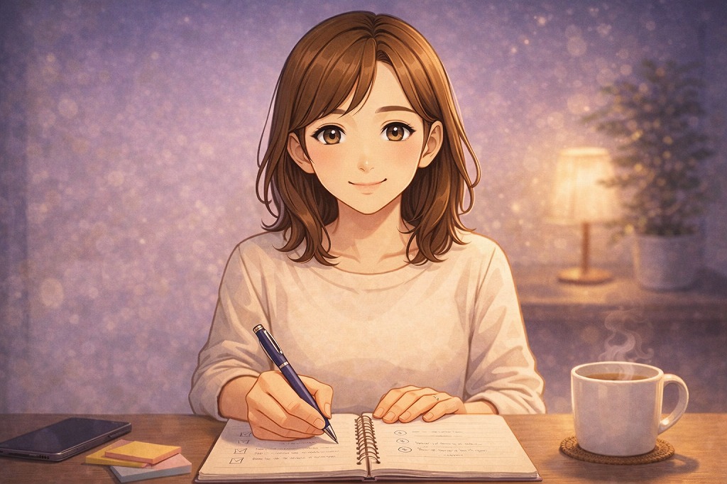 電話占いの相談後に気持ちと答えを分けてノートへ振り返りメモを書き足している静かな手元のイメージ