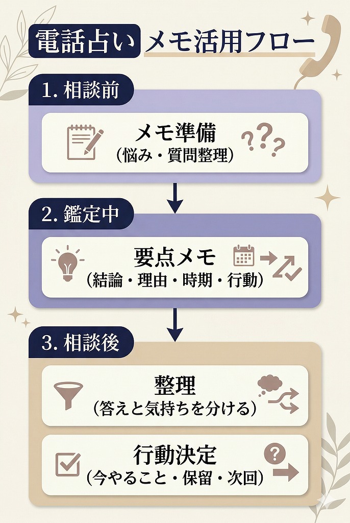電話占いの相談前 鑑定中 相談後の流れに沿ってメモ活用方法と行動決定までを分かりやすく示したフロー図解画像