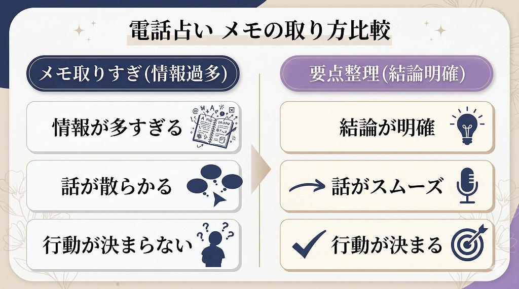 電話占いのメモを取りすぎた場合と要点整理した場合の違いを比較し結論の明確さと行動のしやすさを示した図解画像