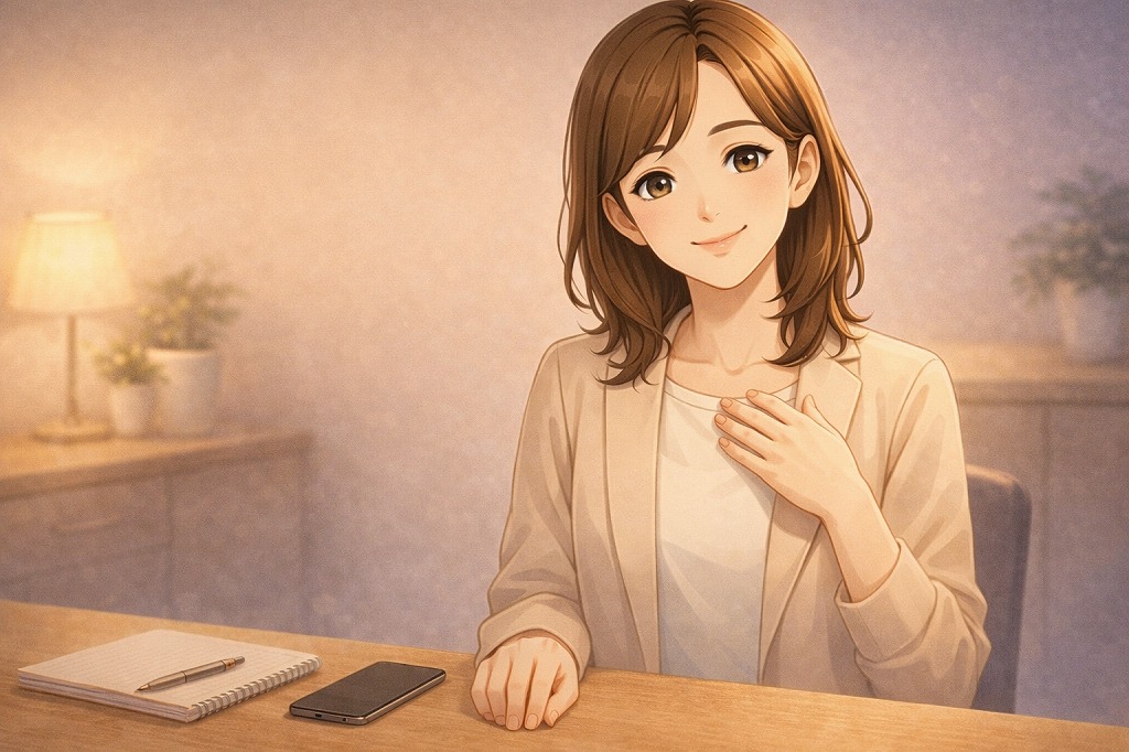 電話占いは自分から切っても失礼ではないと安心を伝える早川かなえがスマホとノートのあるデスクでやさしく微笑むイメージ画像