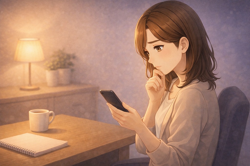 電話占いを自分から切ってよいか迷いながらスマホを見る初心者女性が夜の室内で終わらせ方に悩む様子を表したイメージ画像