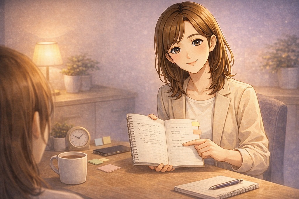 電話占いを切るタイミングの基準を早川かなえがメモを見せながらやさしく案内し一緒に整理しているイメージ画像