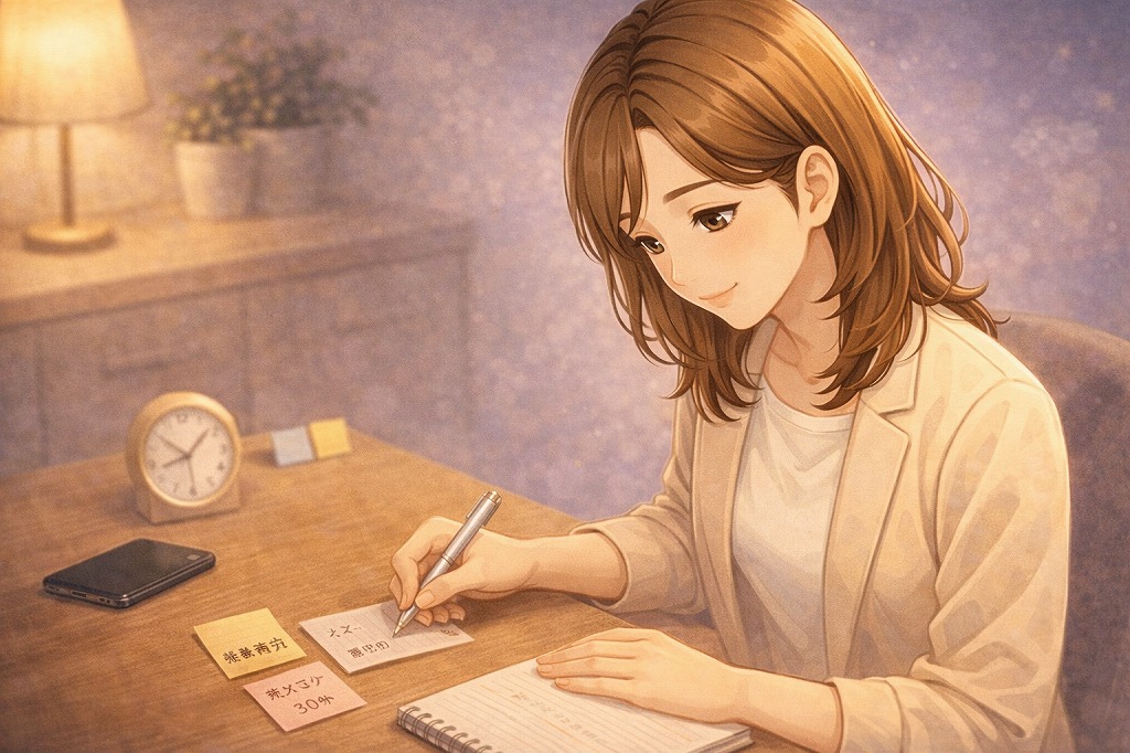 電話占い前に相談の目的と残り時間を確認しながら早川かなえがスマホとメモで準備を整えているイメージ画像