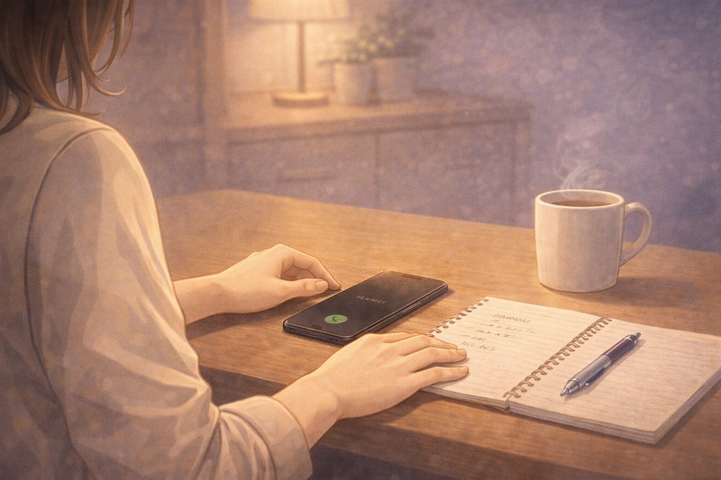 電話占い中の沈黙に戸惑いスマホを前に手が止まり何か話さなければと迷う空気を表した手元中心のイメージ画像