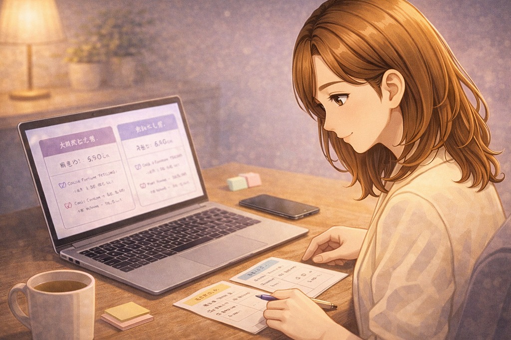 電話占いサービスを時間管理のしやすさで比較しながら早川かなえがノートPCとメモを見比べて選んでいるイメージ画像