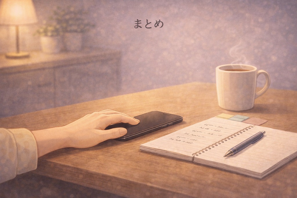 電話占いを終えたあとスマホをテーブルに置き飲み物とともにほっと一息つく静かな安心感を表したイメージ画像