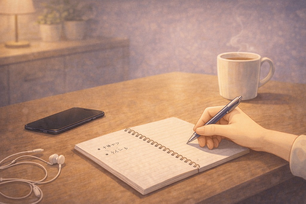 電話占いでイヤホンとスピーカーの使いやすさを聞き取りやすさやメモのしやすさの観点で整理し始めるスマホと有線イヤホンとノートの手元イメージ