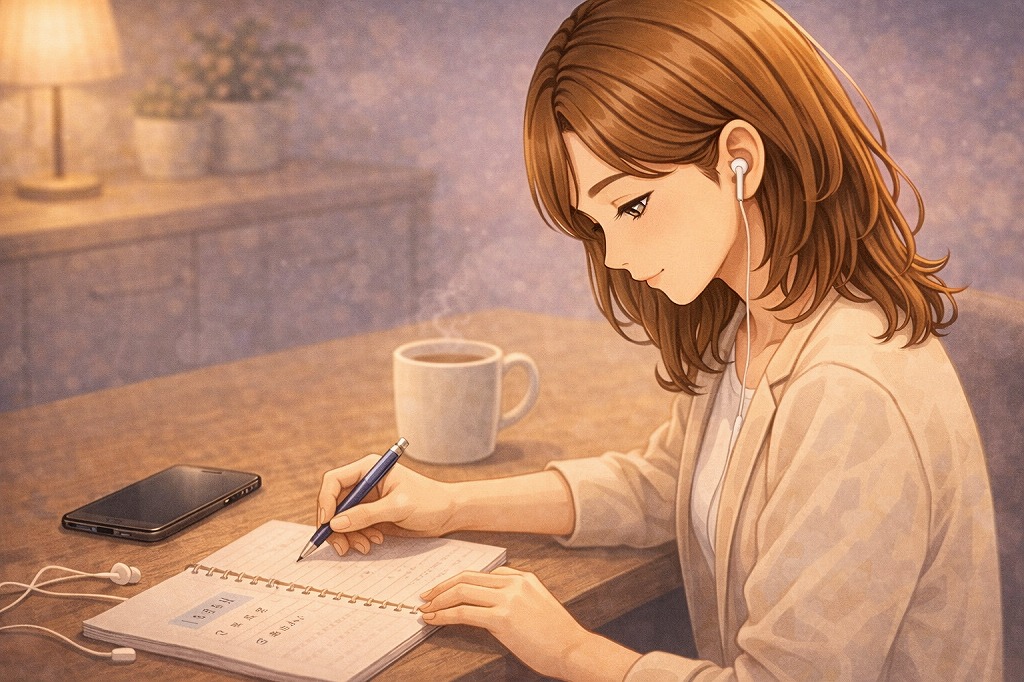 電話占いでイヤホンを使い占い師の声に集中しながらメモを取り相談内容を整理している早川かなえのイメージ