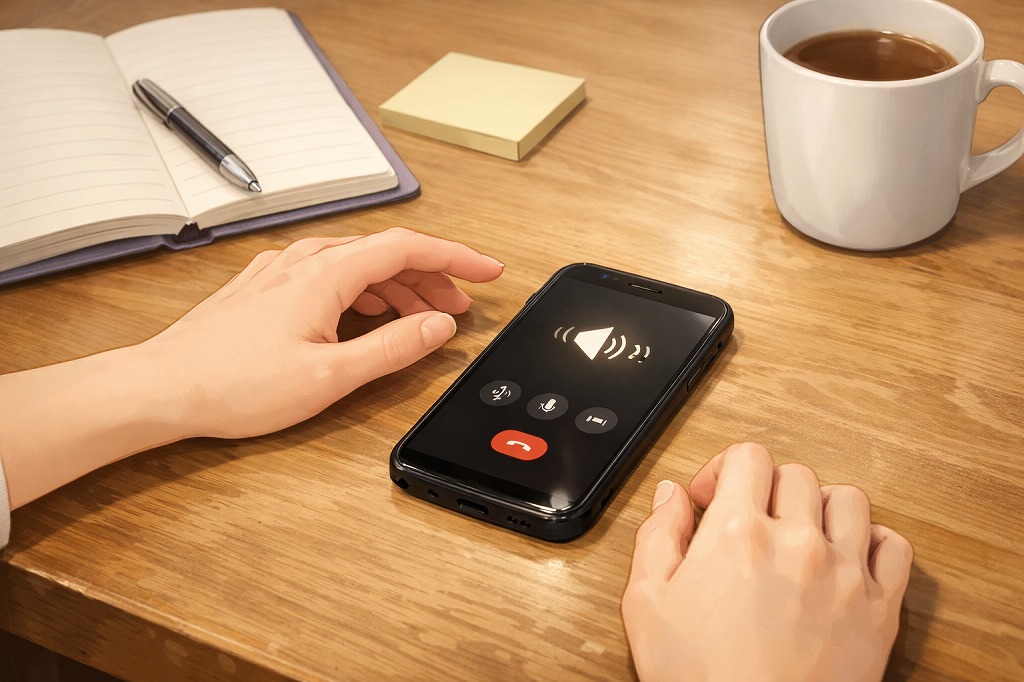 電話占いでスピーカー通話を使う前に家族に聞こえる不安や音漏れを気にして手が止まるスマホの手元イメージ