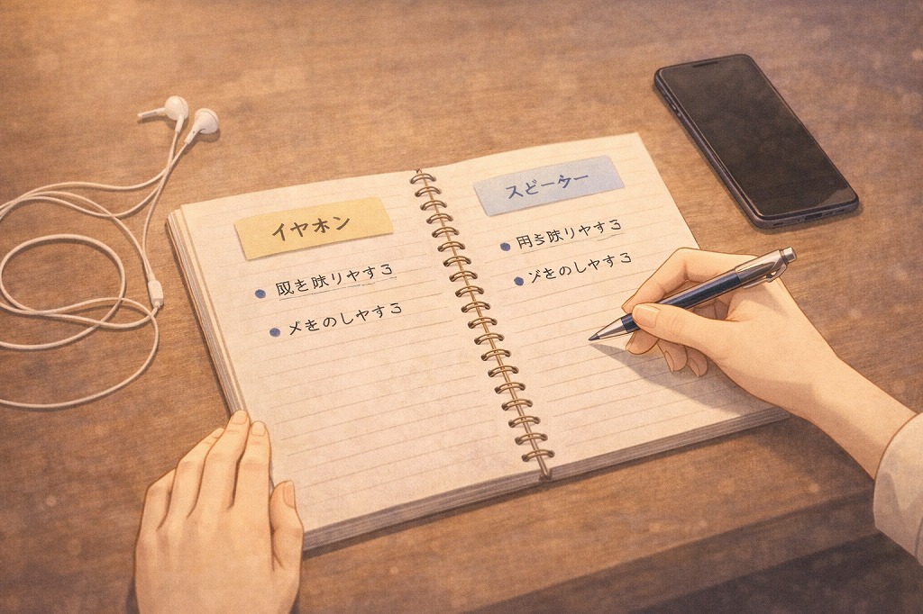 電話占いでイヤホンとスピーカーの違いを聞き取りやすさや音漏れの観点で比較しながらノートに整理する俯瞰の手元イメージ