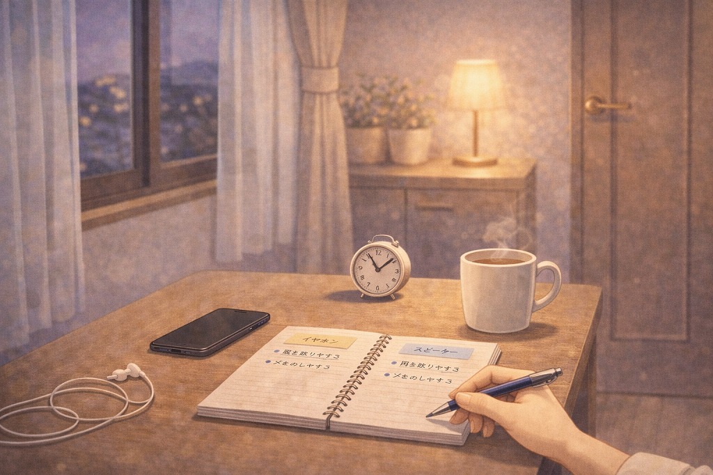 電話占いで家族に聞こえないよう話せる場所や時間を整えながらスマホとノートを準備する室内空間のイメージ