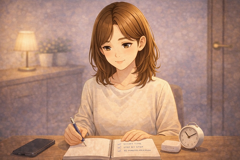 電話占いを短時間で試しながらイヤホンとスピーカーの相性を確認するために条件を整理している早川かなえのイメージ