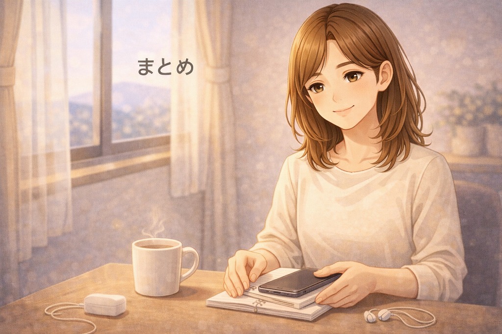 電話占いで自分に合う通話環境を見つけ安心した表情でスマホとノートをまとめる早川かなえのイメージ